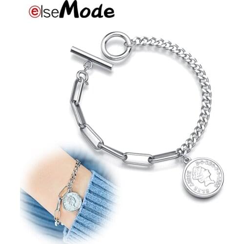 ELSEMODE Charm Queen avatar Elizabeth Medal Pendant Bracelet Stainless Steel Bangle For Women Girl Anniversary Gift