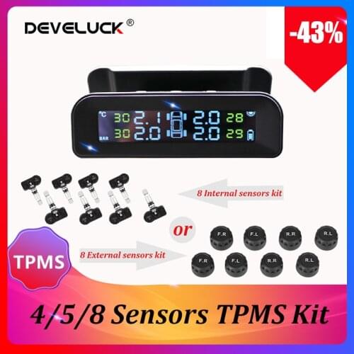 TPMS Tire Pressure Alarm Monitor System Display Original Wireless HD Solar Charge Car Turn On with Vibration with 4/5/8 Sensors