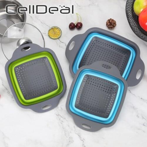 Collapsible Washing Drainer with Handle Fruit Vegetable Filter Basket Silicone Foldable Colander Kitchen Storage Tools Container