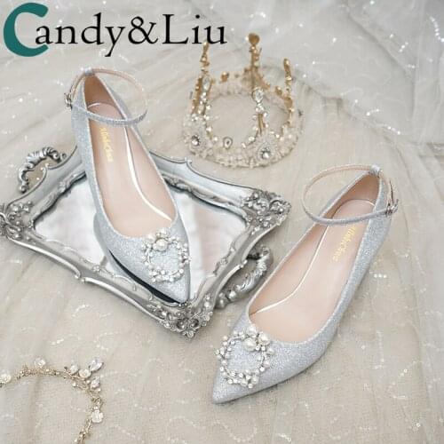 Wedding Shoes Womens Chunky Heel 2020 Maternity Bridal Shoes Silver Color Straight-Line Buckle Strap High Heels Crystal Shoes