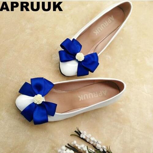 Sweet blue butterfly-knot wedding shoes women handmade satin blue rose bowtie bow brides shoes lady party pumps shoes