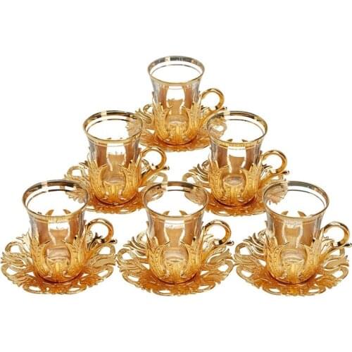 Turkish Tea Glasses Set with Saucers Holders For 6 PersonGold Silver 3,5 Oz 180ml Zamak Metal & Glass Made in Turkey