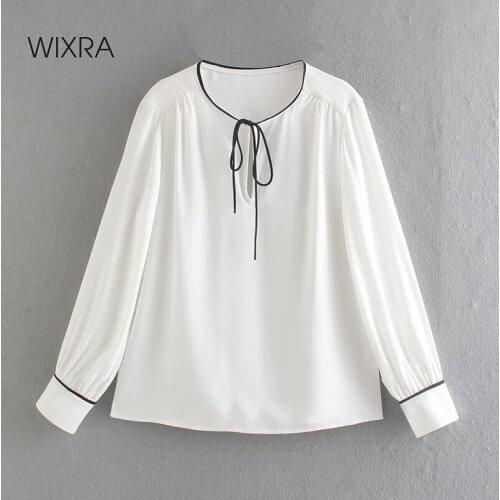 Wixra Spring Summer New Solid Blouses Lace Up O Collar Loose Long Sleeve Casual OL Style Tops For Ladies
