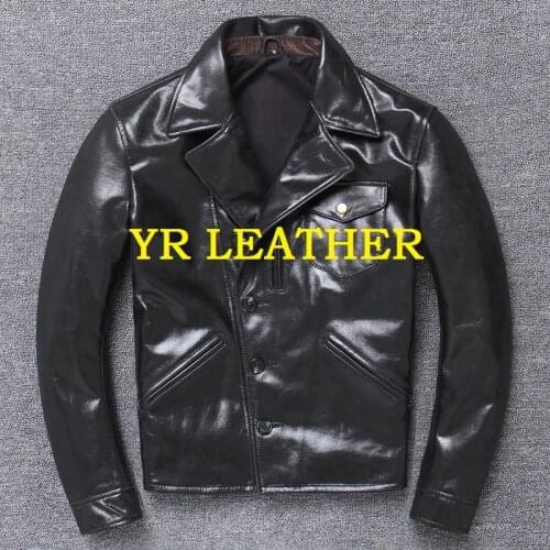 YR!Free shipping.Wholesales.Brand Japan style leather jacket men.black genuine cow leather coat.slim classic brakeman jacket