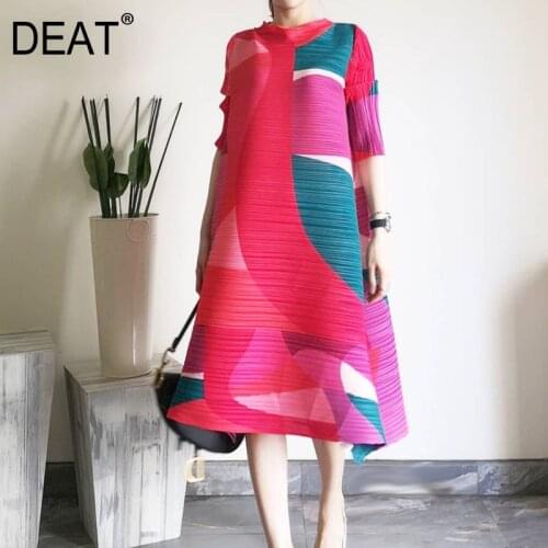 DEAT 2021 Geometric Color Matching Lacing Dress Fashion Over Size Pleated Long Sleeve Loose Dress Womens Fashion Tide AQ973