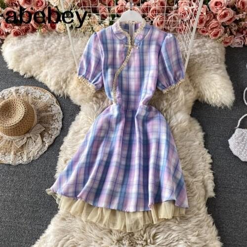Women Floral Printed mesh dress stand collar short puff sleeve A line dresses summer Bohemian Splice Beach short Dress