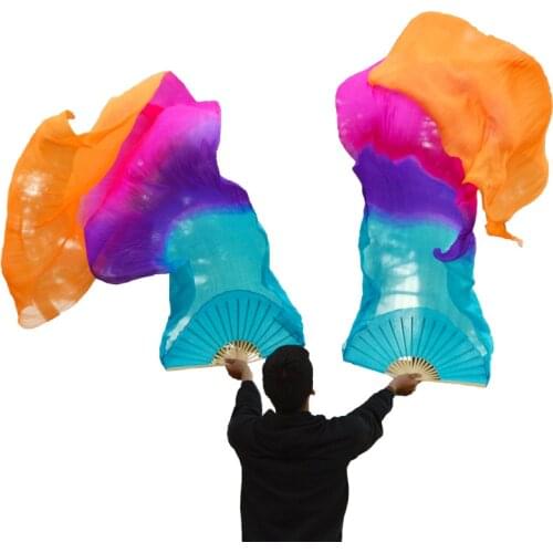 100% Real Silk Veils 1 Pair handmade women Quality Silk Belly Dance Fans turquoise+purple+rose+orange
