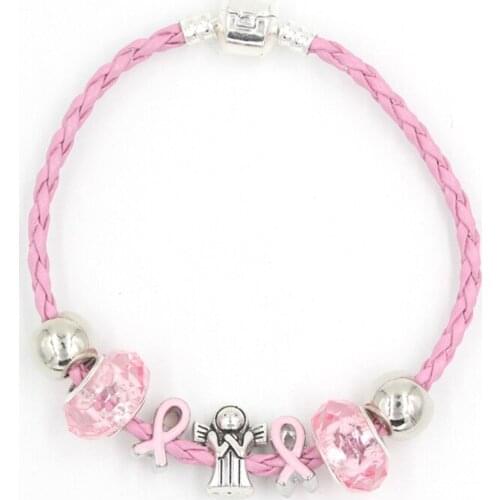 6PCS Newest Breast Cancer Awareness Jewelry, European Bead Pink Ribbon Cancer Bracelet Angel Pink Ribbon Bracelets