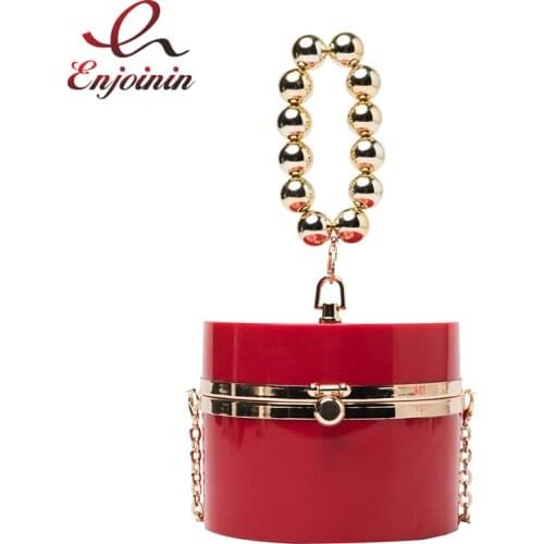 Acrylic Round Party Evening Clutch Bag for Women Golden Beaded Handles Female Purses and Handbags Shoulder Crossbody Chain Bag