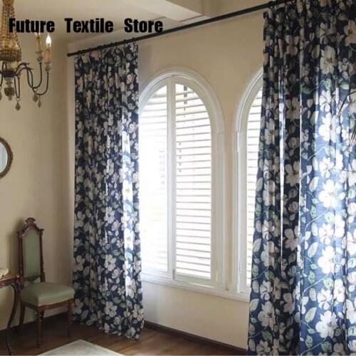 American Curtains for Living Dining Room Bedroom Retro Blue Big Flower Navy Pastoral Imitation Cotton and Linen Curtains Tulles