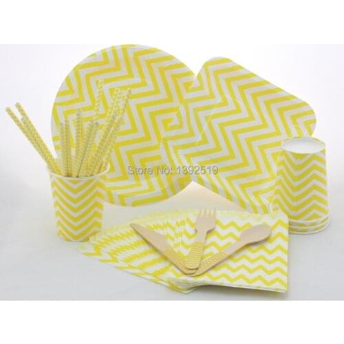 Free Shipping 356pcs Yellow Chevron and Whie BirthDay Wedding Christmas Party Tableware Paper Plate Cup Straw Napkin