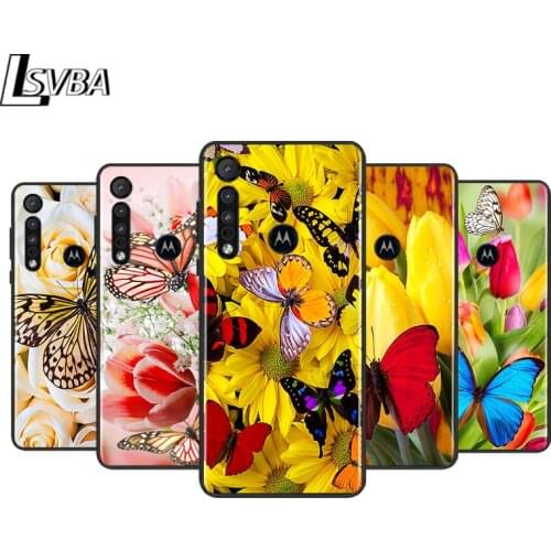 Colorful Flower Butterfly for Motorola G9 G8 G E7 E6 One Play Marco Hyper Fusion Stylus Power Edge Plus Black Phone Case