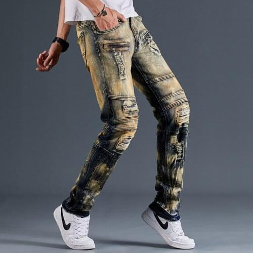 Vintage Patchwork Elastic Denim Pants Men Personality Ripped Motorcycle Jeans Slim Fit Distressed Pencil Pants Large Size 28-38