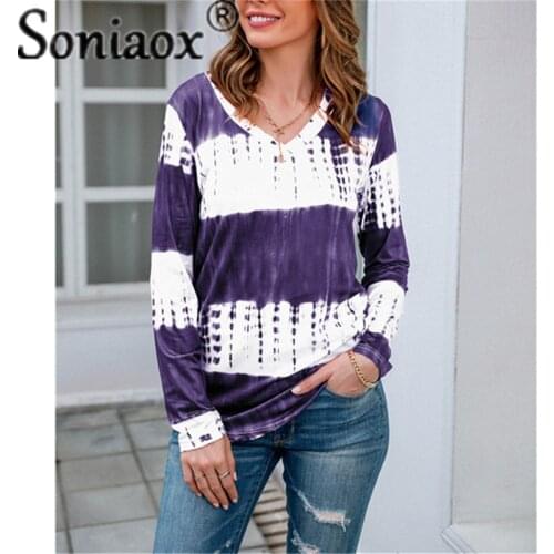Tie-Dye Stripes Print T-Shirt Female Autumn Spring Fashion Simple Long-Sleeved Tops Casual Loose V-Neck T-Shirts Plus Size S-5XL
