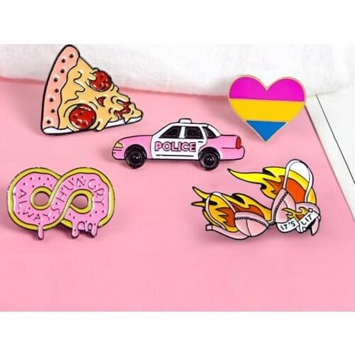 GDHY Pink Series enamel pin Car Pizza Heart Pig ALWAYS HUNGRY Doughnut ITS LIT Bra Brooch Sexy Cute Badge For Kids Gift Jewelry