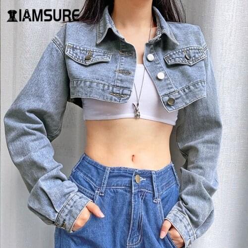 IAMSURE 2020 Autumn New Long Sleeve Women Casual Denim Jacket Streetwear Fashion Ladies Cropped Jean Jacket Korean Style Jacket