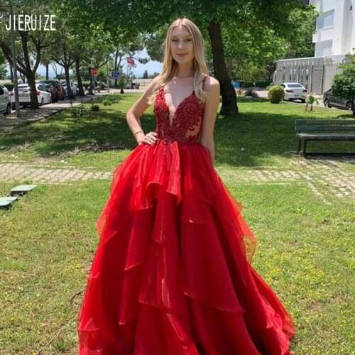 JIERUIZE Modest Red Wedding Dresses Deep V Neck Sexy Backless Tiered Ruffles Lace Appliques Wedding Bridal Gowns robe de mariee