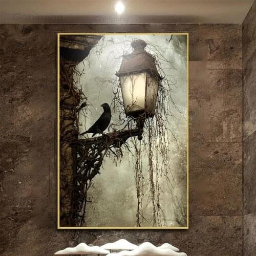 Canvas Painting Black Crow Lamp Vintage Wall Art Posters and Prints Decorative Pictures Goth Decor Dark Art for Living Room Bar