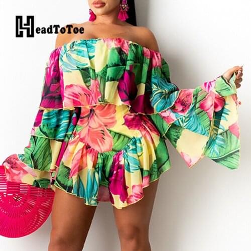 Floral Print Bat Long Sleeve Slash Neck Ruffles Rompers Women Playsuit