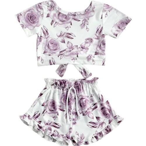 2 Pcs Infant Outfits Summer Baby Girls Clothes Set Floral Short Sleeve Bow Short T-shirt + Ruffle Shorts Children Clothing Set