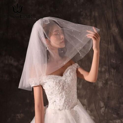 High Quality 2 Layer Princess Puffy Pearl Short Veil with Metal Hair Comb Bride Velo De Novia Wedding Accessories Bridal Veils