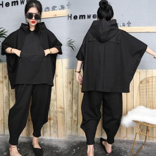 LZMONE Fashion Suit Womens Spring And Summer New Korean Bat Sleeve Hooded Sportswear + Harlem Pants Two Piece Suit For Women
