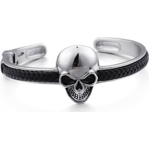 Stainless steel skull jewelry punk woven leather bracelet mens bracelet