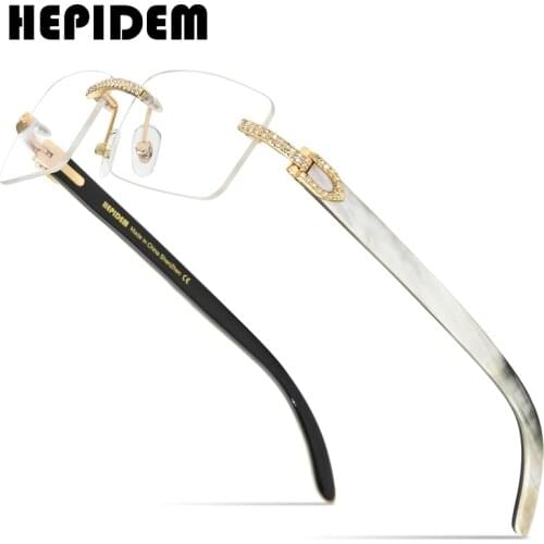 HEPIDEM Buffalo Horn Glasses Men 2020 Square Brand Designer Luxury Diamonds Sumptuous Buffs Rimless Eyeglasses Frame Women 0015