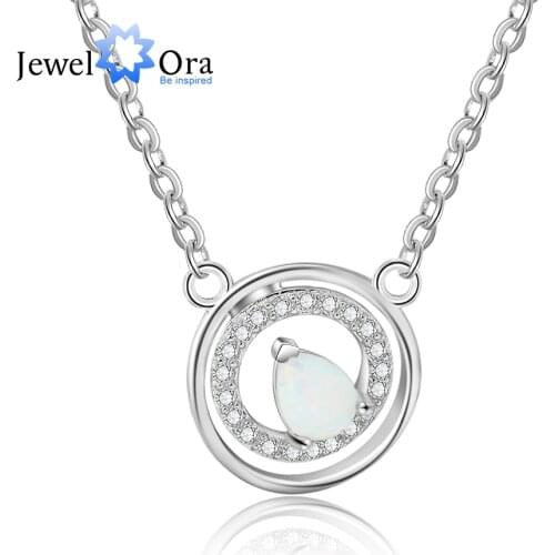 JewelOra Designer Silver Color Circle Pendant with Water Drop Shaped White Fire Opal Stone Zirconia Wedding Necklaces for Women