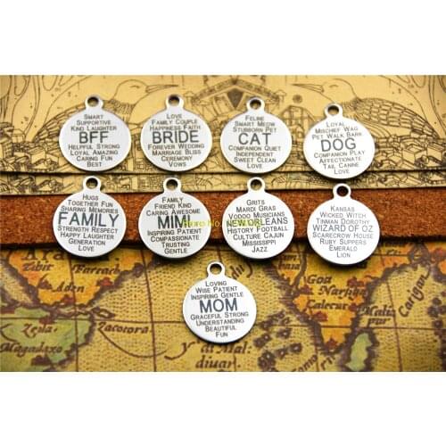 20pcs--stainless steel charms "BFF/BRIDE//DO/FAMILY/MIMI/NEW ORLEANS/WIZARD OF OZ/MOM" diy charm pendant