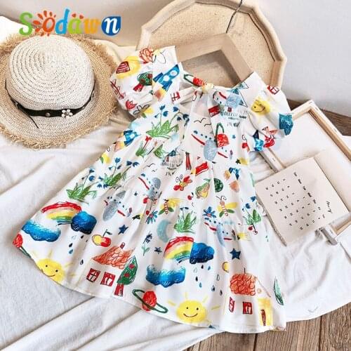 Sodawn Girls Dress 2020 Summer Cartoon Puff Sleeve Short Sleeves Princess Party Dress Cartoon Printed Children Clothes