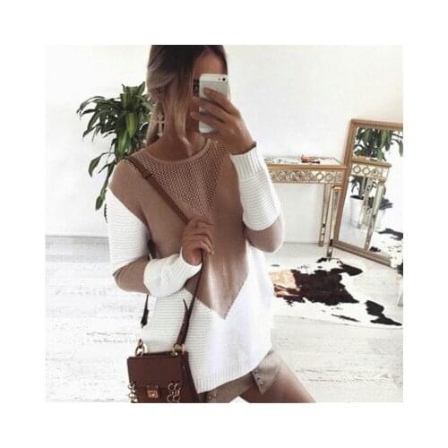 Round Neck Loose Contrast Sweater Women Hollow Split Mid-length Pullover Fashion Casual Street Sweatshirt