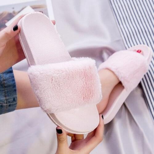 Womens home slippers summer and autumn artificial fur warm shoes ladies slippers flat shoes cute women slippers