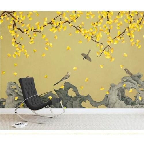 XUE SU Custom wallpaper mural ginkgo hand-painted flowers and birds new Chinese background wall decoration painting