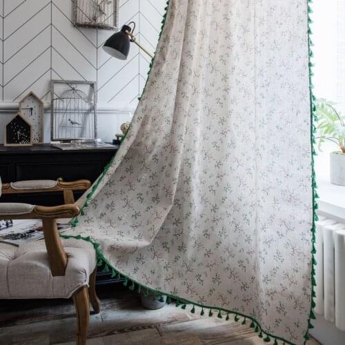 Floral Pattern Curtain For Bedroom Living room Cotton Linen Printed Decorative Curtains with Green Tassel Home Decoration