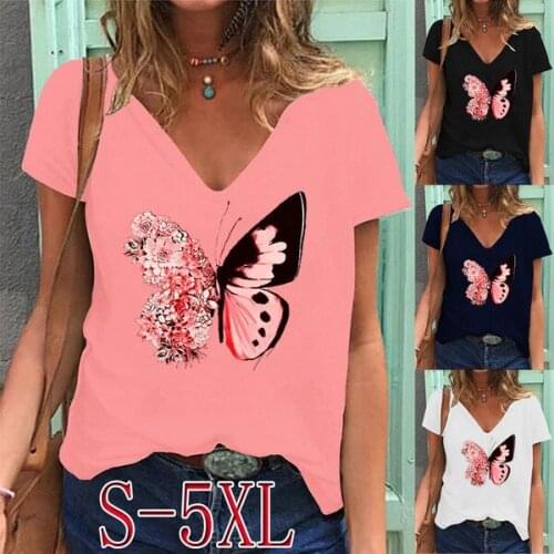 Womens Loose Short Sleeve Butterfly Printed Street Style Ladies Top T-Shirt Casual Summer Comfortable Female Clothes S-5Xl