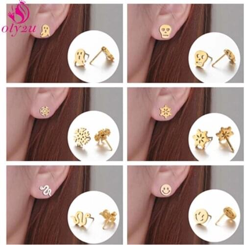 Korea Simple Personality Earrings Stainless Steel Ladies Earrings Retro Ghost Skull Snowflake Snake Small Earrings 2020 Jewelry