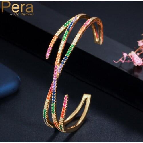 Pera Exquisite Multicolor CZ Setting Geometric X Shape Cross Big Open Cuff Bnagles Baguette for Women Jewelry Accessories Z048