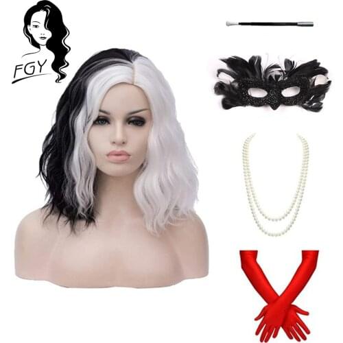 CRUELLA Deville De Vil Black White With Bangs Short Bob Ladies Heat-Resistant Synthetic Wig Cosplay Halloween Costume Party Wig