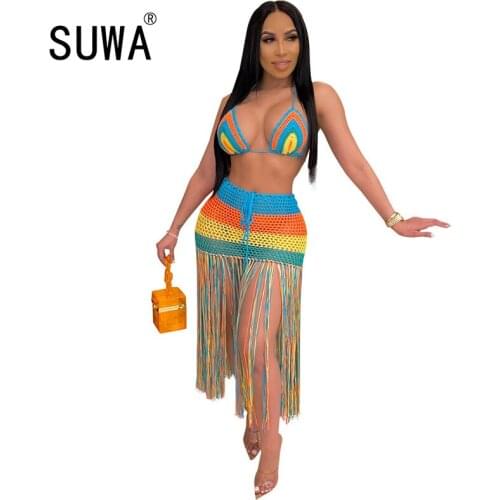 Wholesale evening party club women two piece set bra crop top + high waist tassel patchwork long skirts sexy outfits