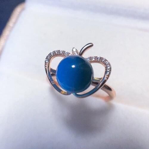 New Product Natural Blue Amber S925 Silver Ring Simple Small Apple Natural Amber Beeswax Ring Open Female Jewelry
