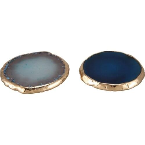 2Pcs Agate Slice Blue Agate Coaster Teacup Tray Decorative Design Stone Coaster Gold Edges Home Decor Gemstone Coaster