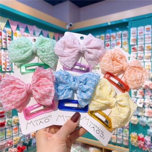 2 Pcs New Korean Childrens Simple Cute Square BB Clip Sweet Girl Princess Fabric Striped Bow Duckbill Clip Hair Accessories