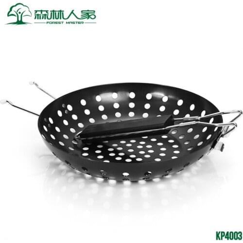 Barbecue tool accessories outdoor BBQ frying aan folding wood handle round non-stick grill roasting plate bakeware