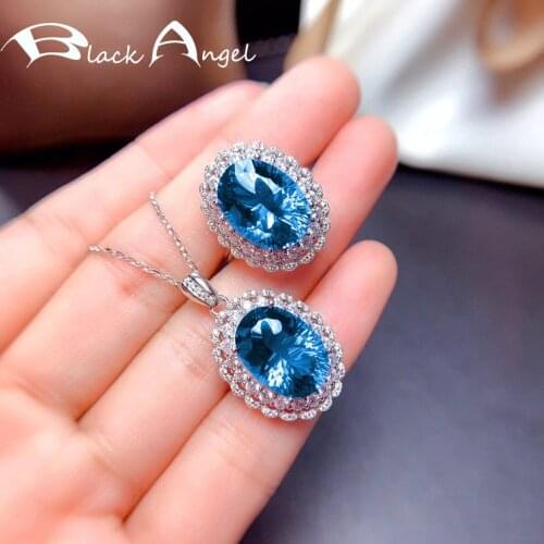 BLACK ANGEL New Pave Big Oval Sky Blue Gemstone Jewelry Set For Women CZ Pendant Necklace Ring Girlfriend Wedding Romantic Gift