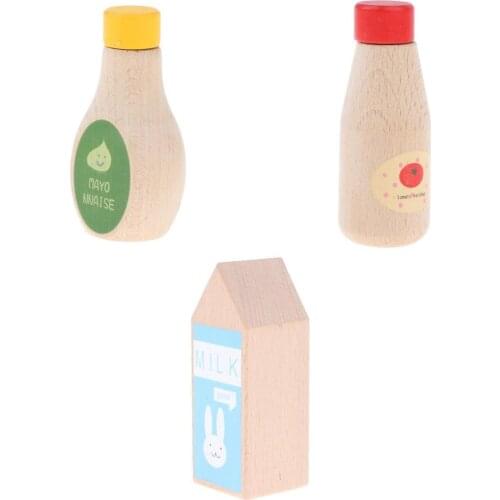 3pcs Wooden Ketchup Tomato Mayonnaise Milk Bottle - Kitchen Cooking Pretend Play Game Kid Child Developmental Toys