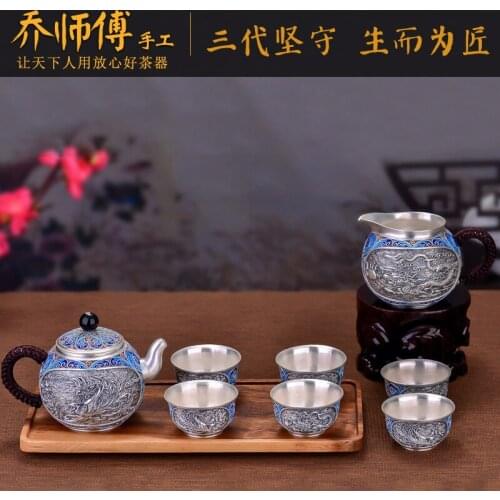 Joe teacher manual cloisonne enamel colour silver pot set of 999 sterling silver teapot teacup suit household gifts