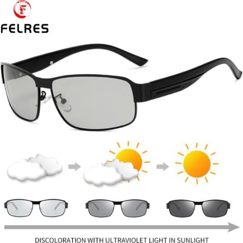 FELRES Metal Frame Photochromic Polarized Sunglasses For Men Outdoor Driving Fishing UV400 Glasses With Box 8485