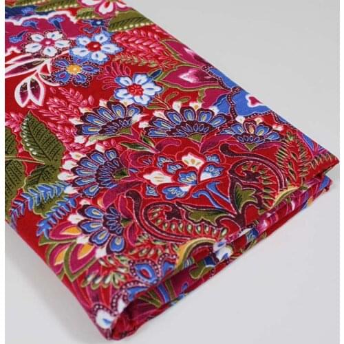 Cotton/linen ethnic chinese traditional red floral flower printed fabrics for DIY Festive apparel dress cushion handwork decor