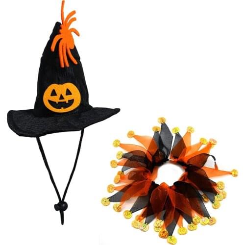 Dog Halloween Costume Pumpkin Ribbon Scarf Collar and Hat Set Pet Cap Accessories Outfits Clothes for Small Medium Dogs